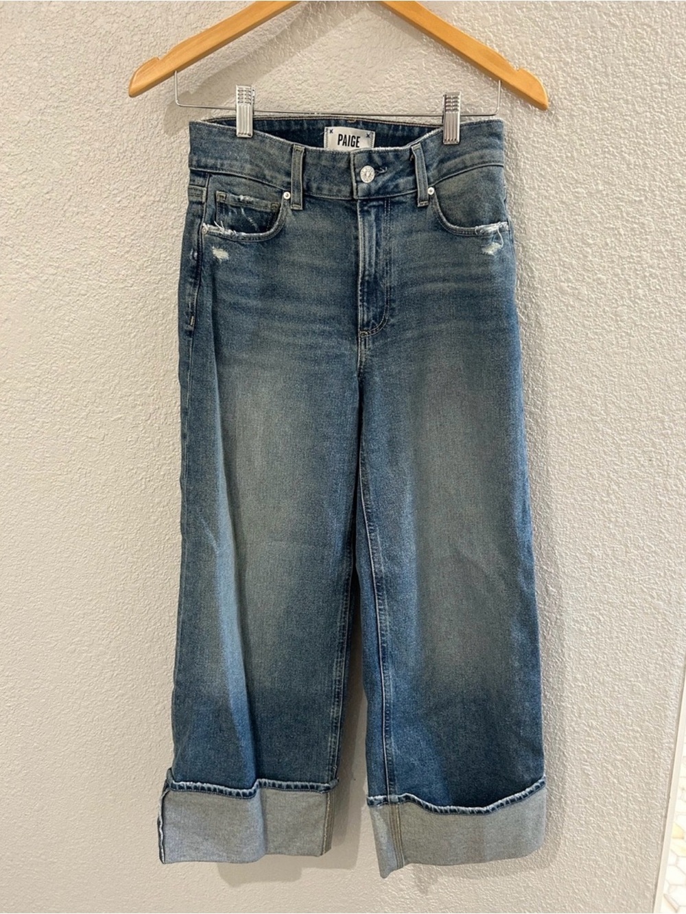PAIGE Wide-Leg Rolled Hem Blue Jeans - Picture 6 of 8